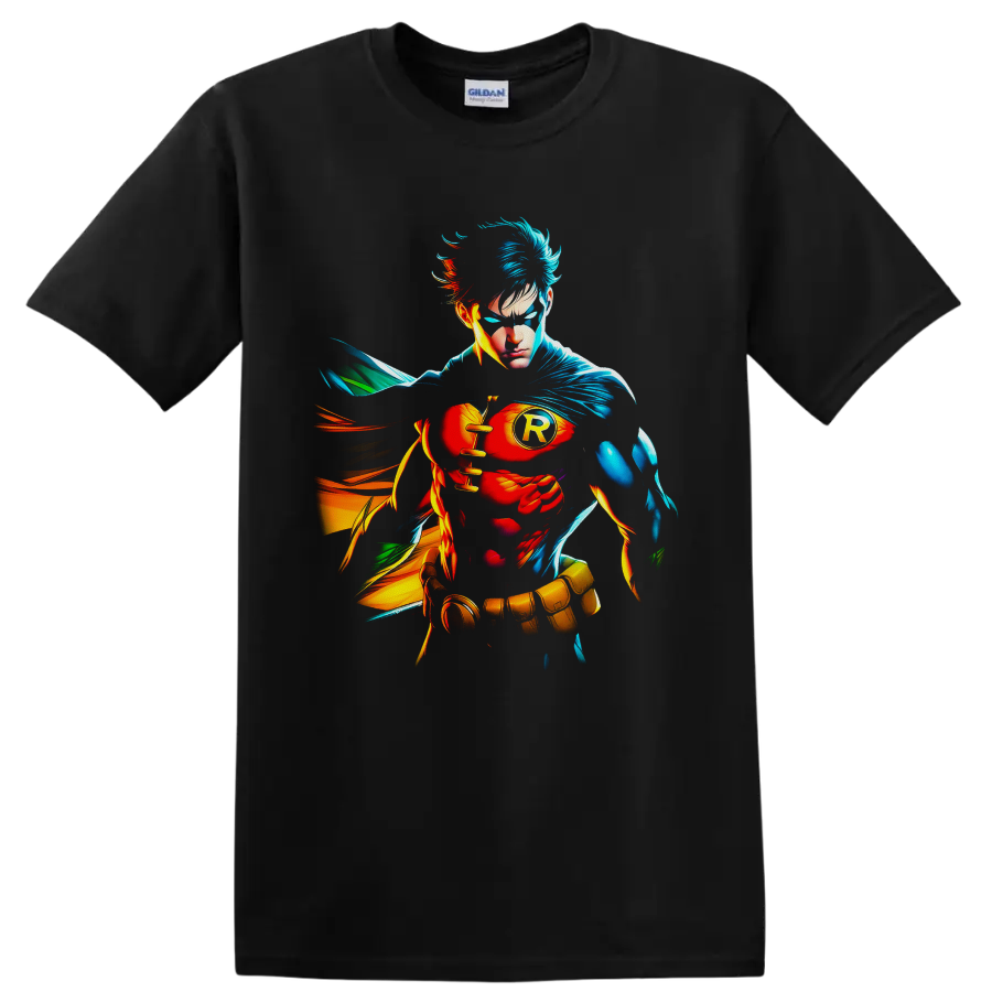 Absolute Robin Dick Grayson comic portrait with blue cape, R emblem, and colorful energy on a Black T Shirt