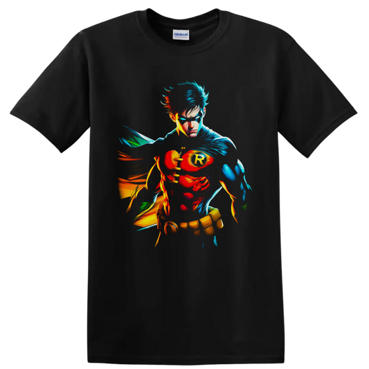 Absolute Robin Dick Grayson comic portrait with blue cape, R emblem, and colorful energy on a Black T Shirt