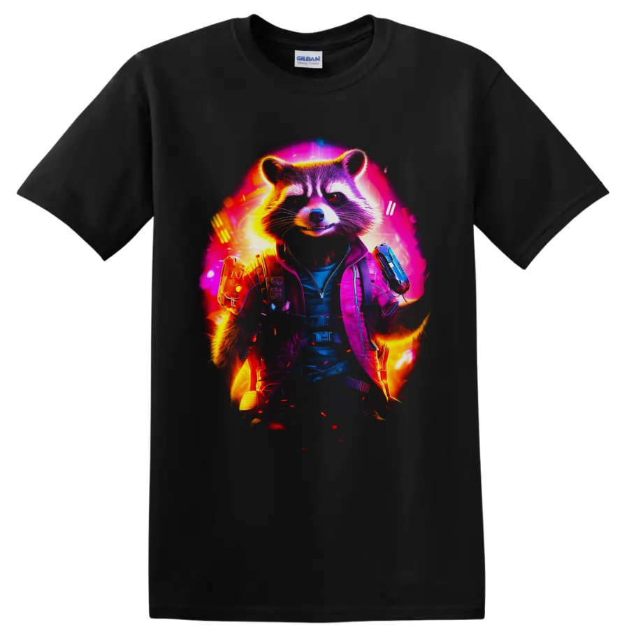 Rocket Raccoon neon sci-fi action portrait with tactical gear and futuristic blasters on a Black T Shirt