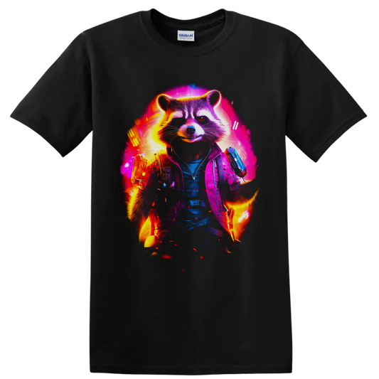 Rocket Raccoon neon sci-fi action portrait with tactical gear and futuristic blasters on a Black T Shirt