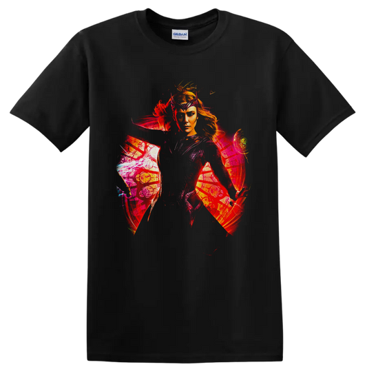 Scarlet Witch portrait with crimson magic, comic panels, and mystical symbols on a Black T Shirt