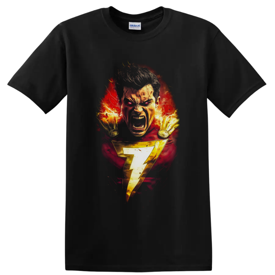 Shazam fiery comic portrait with gold lightning bolt and crackling electric energy on a Black T Shirt