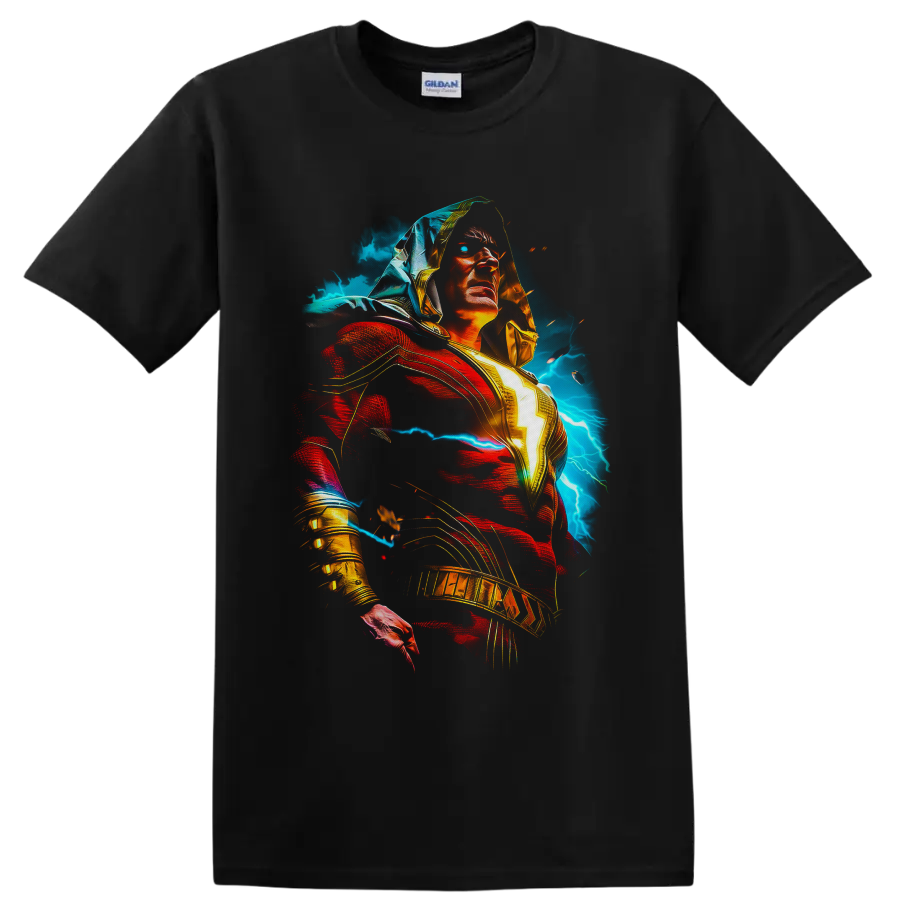Shazam as Billy Batson with glowing lightning bolt, red cape, and electric storm art on a Black T Shirt