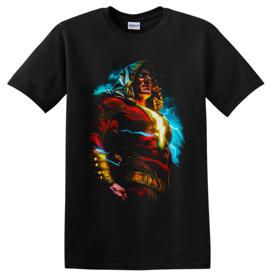 Shazam as Billy Batson with glowing lightning bolt, red cape, and electric storm art on a Black T Shirt