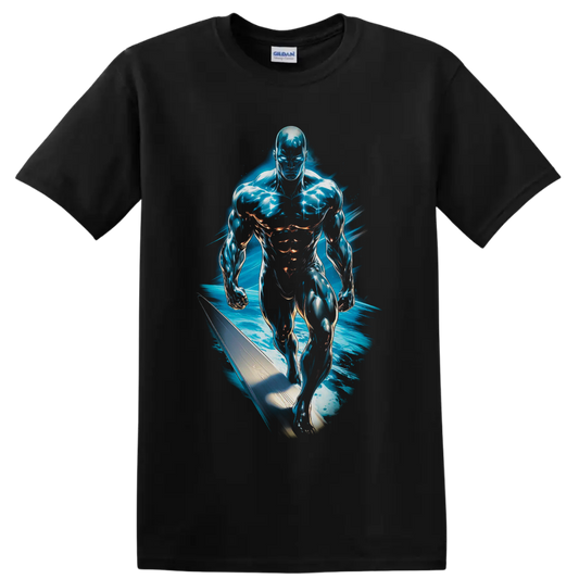 Silver Surfer Norrin Radd cosmic surfboard art with electric blue energy on a Black T Shirt