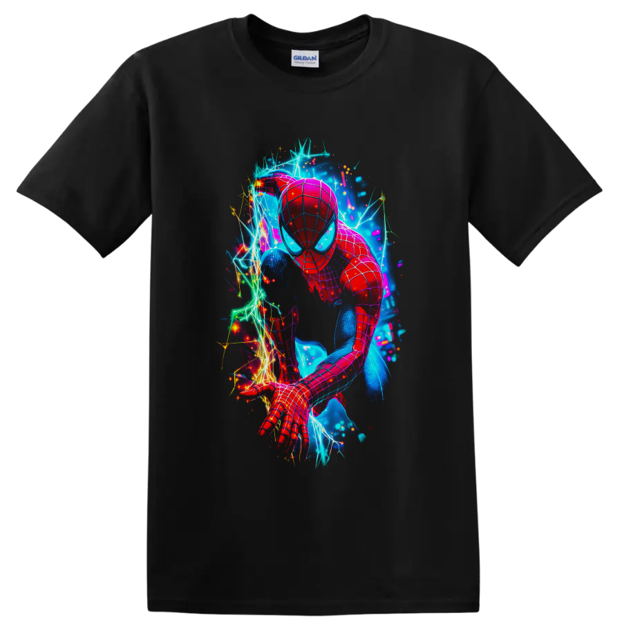 Spider-Man in neon electric web action art with sparks and glowing cosmic backdrop on a Black T Shirt