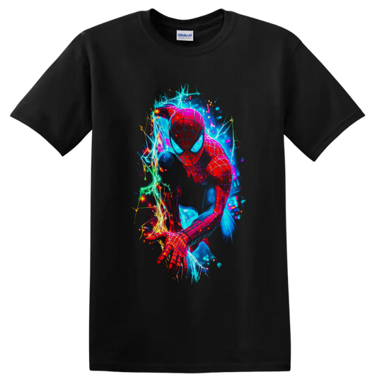 Spider-Man in neon electric web action art with sparks and glowing cosmic backdrop on a Black T Shirt