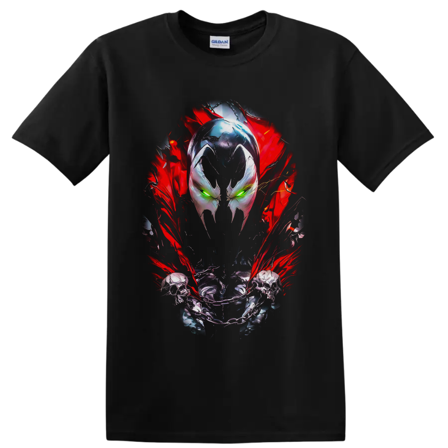 Spawn masked face with green eyes, skull chain, and red energy comic artwork on a Black T Shirt