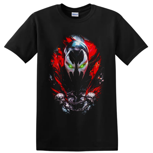 Spawn masked face with green eyes, skull chain, and red energy comic artwork on a Black T Shirt