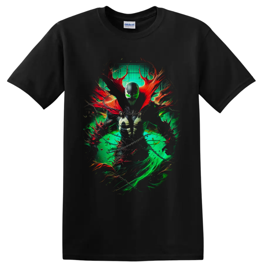 Spawn Al Simmons dark comic art with green energy, red cape forms, and chains on a Black T Shirt