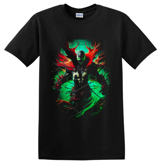 Spawn Al Simmons dark comic art with green energy, red cape forms, and chains on a Black T Shirt