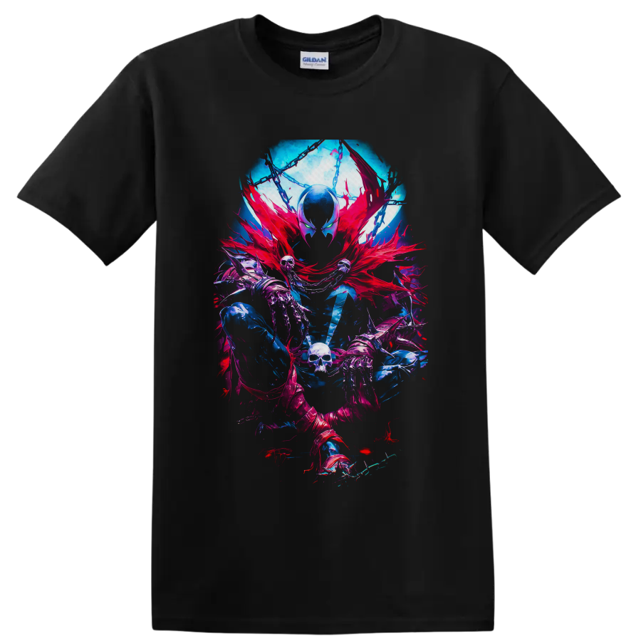 Spawn gothic comic art with red cape, chains, skeletal hands, skull, and neon effects on a Black T Shirt