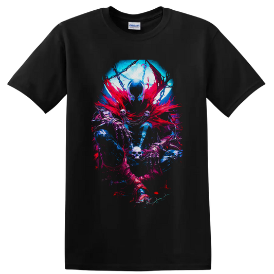 Spawn gothic comic art with red cape, chains, skeletal hands, skull, and neon effects on a Black T Shirt