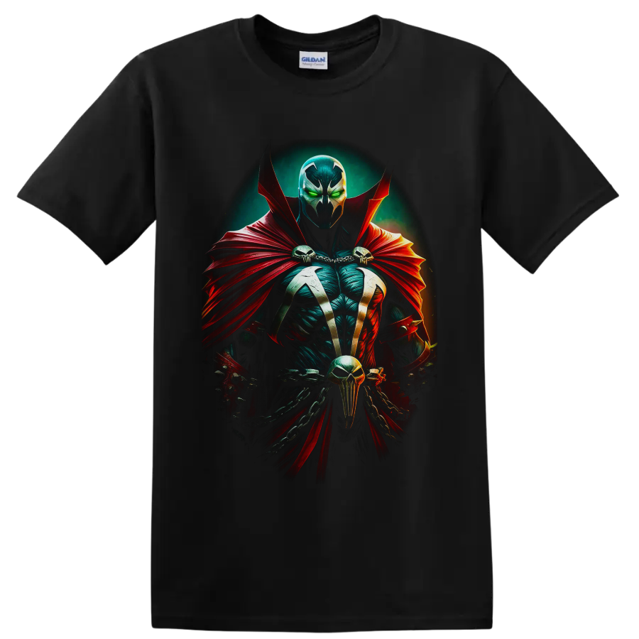Spawn gothic antihero portrait with red cape, green eyes, skulls and chains on a Black T Shirt