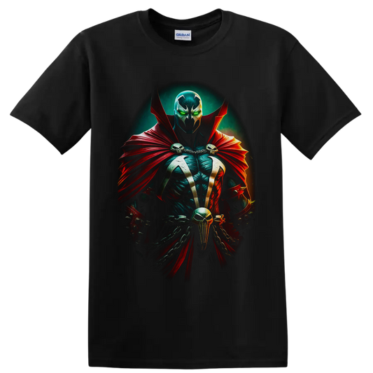 Spawn gothic antihero portrait with red cape, green eyes, skulls and chains on a Black T Shirt