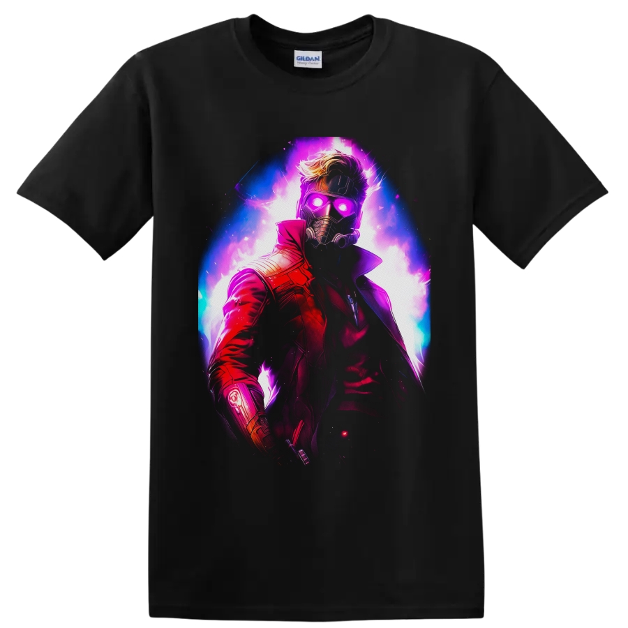 Star-Lord Peter Quill neon cosmic portrait with glowing mask and red coat on a Black T Shirt