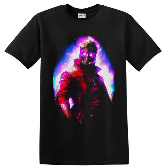 Star-Lord Peter Quill neon cosmic portrait with glowing mask and red coat on a Black T Shirt
