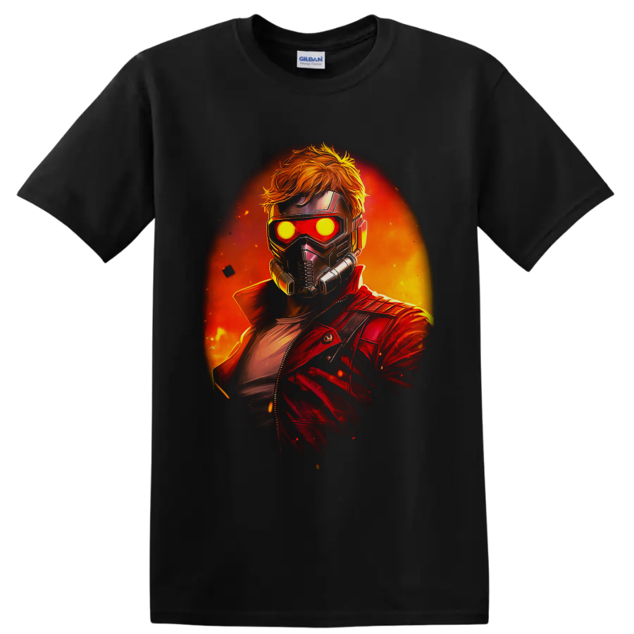 Star-Lord in a glowing mask and red jacket against a fiery cosmic backdrop on a Black T Shirt