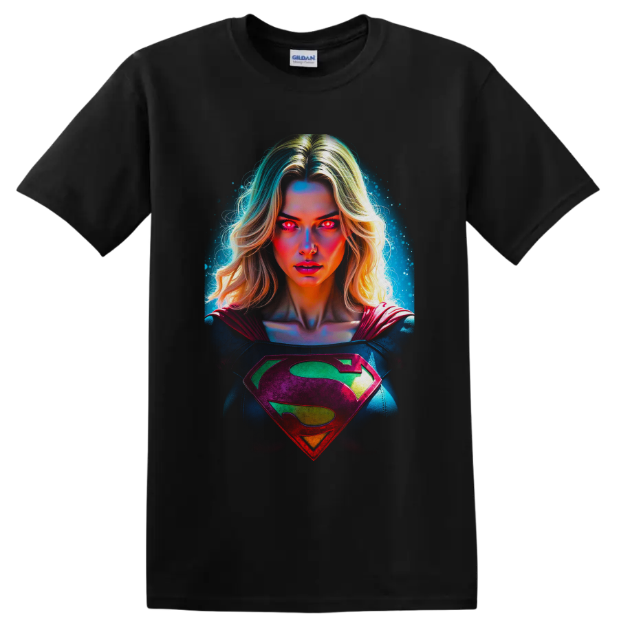 Supergirl Kara Zor-El neon cosmic portrait with glowing eyes and chest emblem on a Black T Shirt