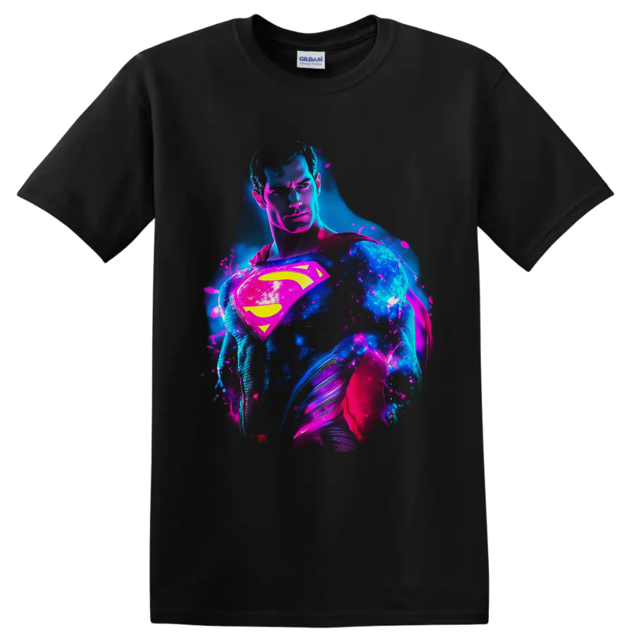 Superman Clark Kent neon cosmic portrait with glowing shield, cape, and splatter art on a Black T Shirt