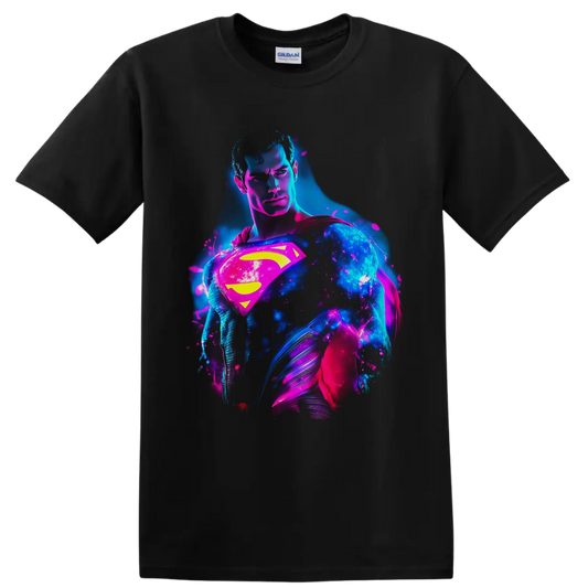 Superman Clark Kent neon cosmic portrait with glowing shield, cape, and splatter art on a Black T Shirt