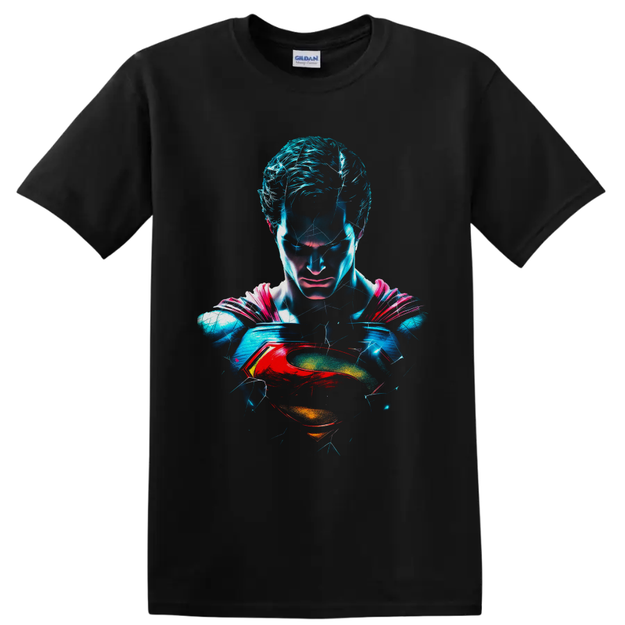 Superman Man of Steel neon portrait with electric cracks and red-and-gold chest emblem on a Black T Shirt