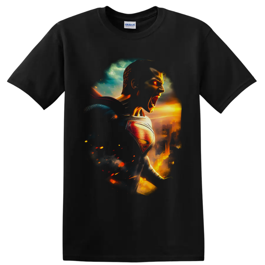 Superman Clark Kent cinematic fiery city battle artwork with glowing red eyes on a Black T Shirt