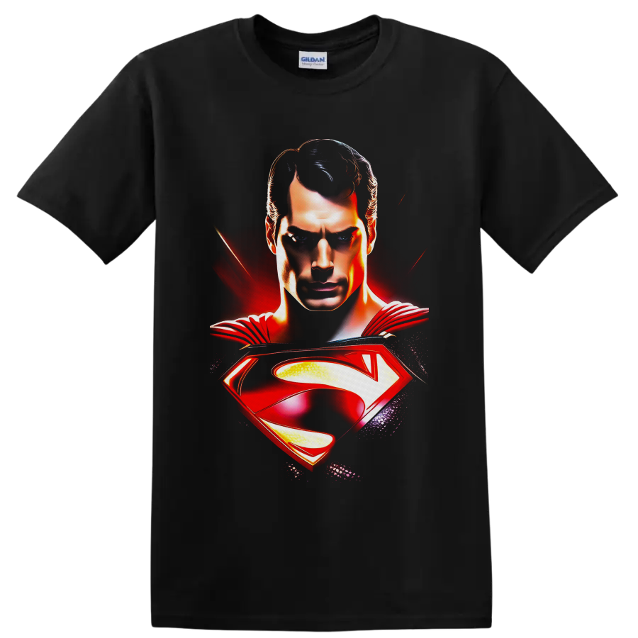 Superman Clark Kent portrait with red cape and glowing shield emblem comic artwork on a Black T Shirt