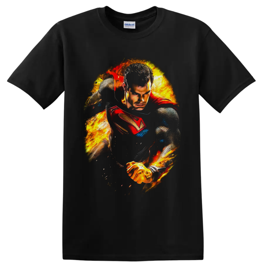 Superman as Clark Kent in fiery comic-style action art with red cape and shield on a Black T Shirt
