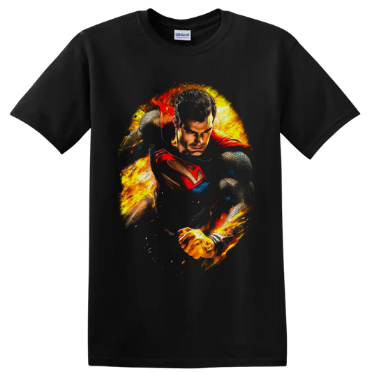 Superman as Clark Kent in fiery comic-style action art with red cape and shield on a Black T Shirt