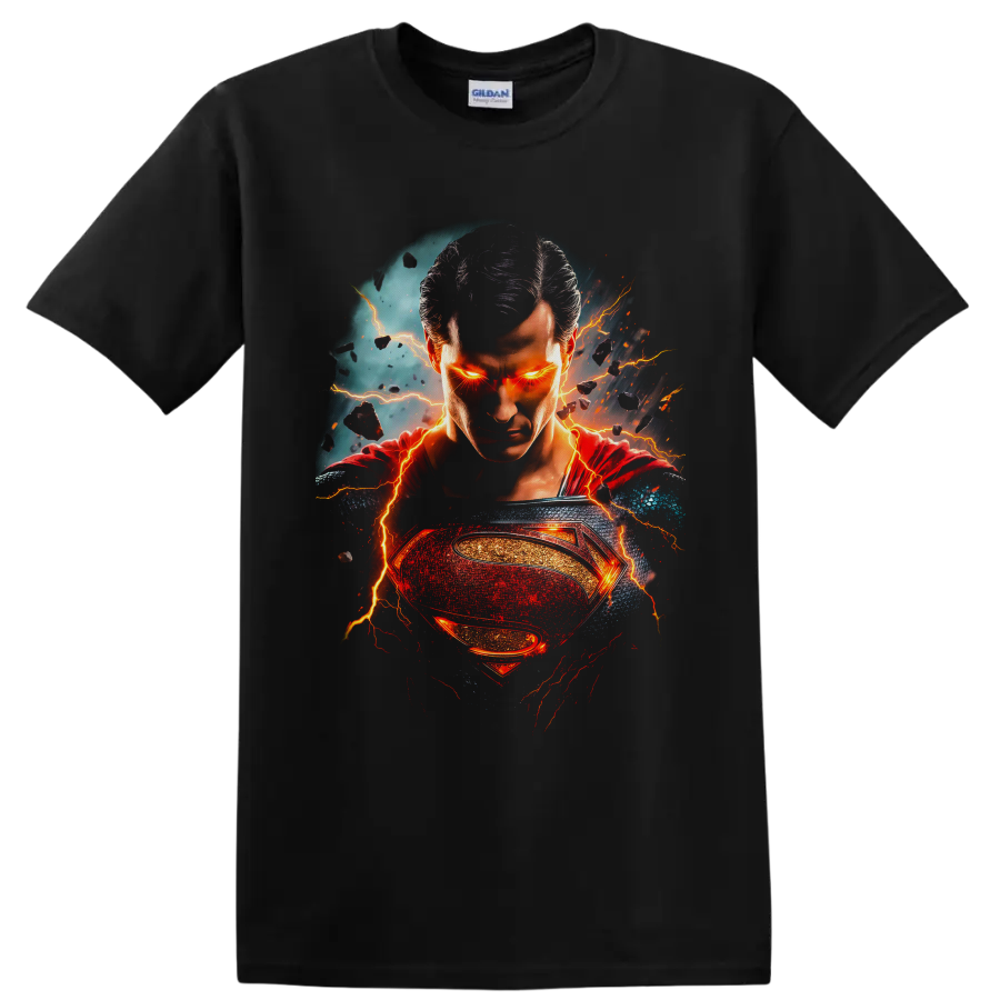 Superman portrait with glowing eyes, lightning, red cape, and fiery hero emblem on a Black T Shirt