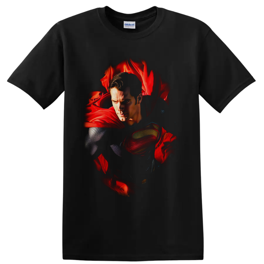 Superman portrait with red cape and chest emblem in Alex Ross-inspired comic art on a Black T Shirt