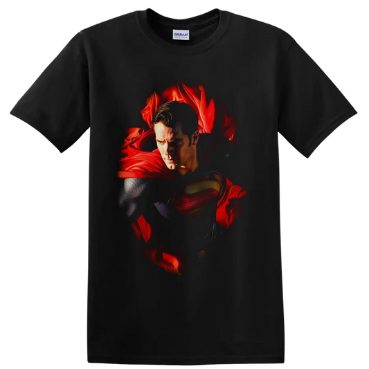 Superman portrait with red cape and chest emblem in Alex Ross-inspired comic art on a Black T Shirt