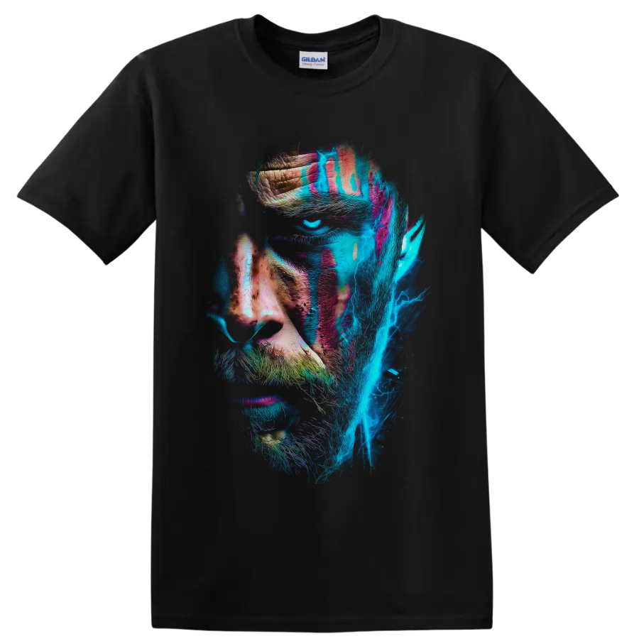 Kratos neon warrior portrait with cyan lightning and distressed paint textures on a Black T Shirt