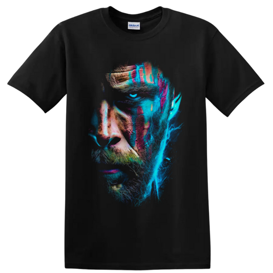 Kratos neon warrior portrait with cyan lightning and distressed paint textures on a Black T Shirt