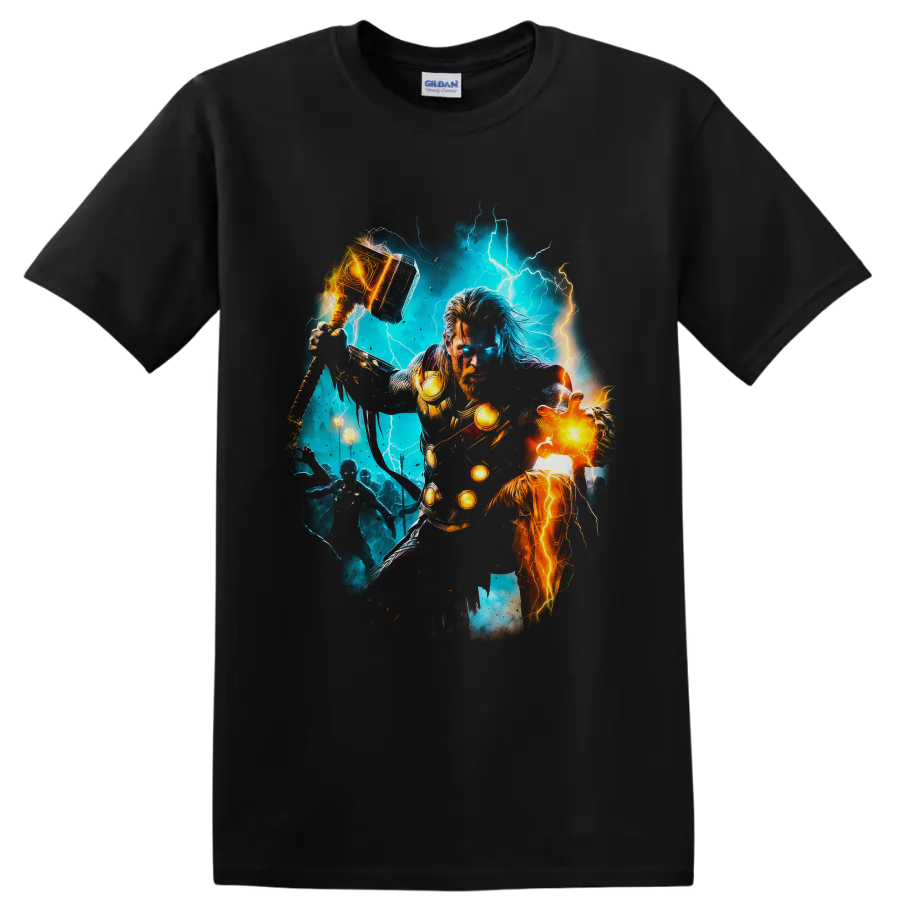 Thor and Mighty Thor comic art with lightning, glowing hammer, armor, and fiery energy on a Black T Shirt