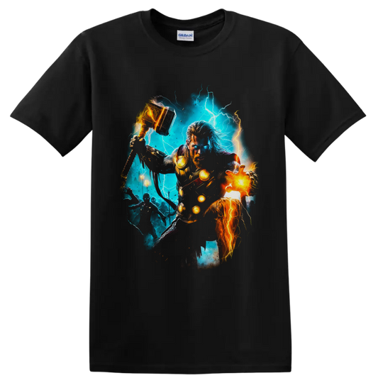 Thor and Mighty Thor comic art with lightning, glowing hammer, armor, and fiery energy on a Black T Shirt