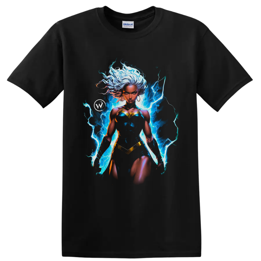 Storm superhero artwork with flowing white hair and electric-blue lightning on a Black T Shirt
