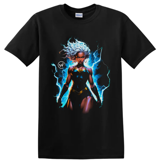 Storm superhero artwork with flowing white hair and electric-blue lightning on a Black T Shirt