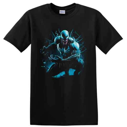 Anti-Venom symbiote with cyan tendrils in distressed comic art style on a Black T Shirt