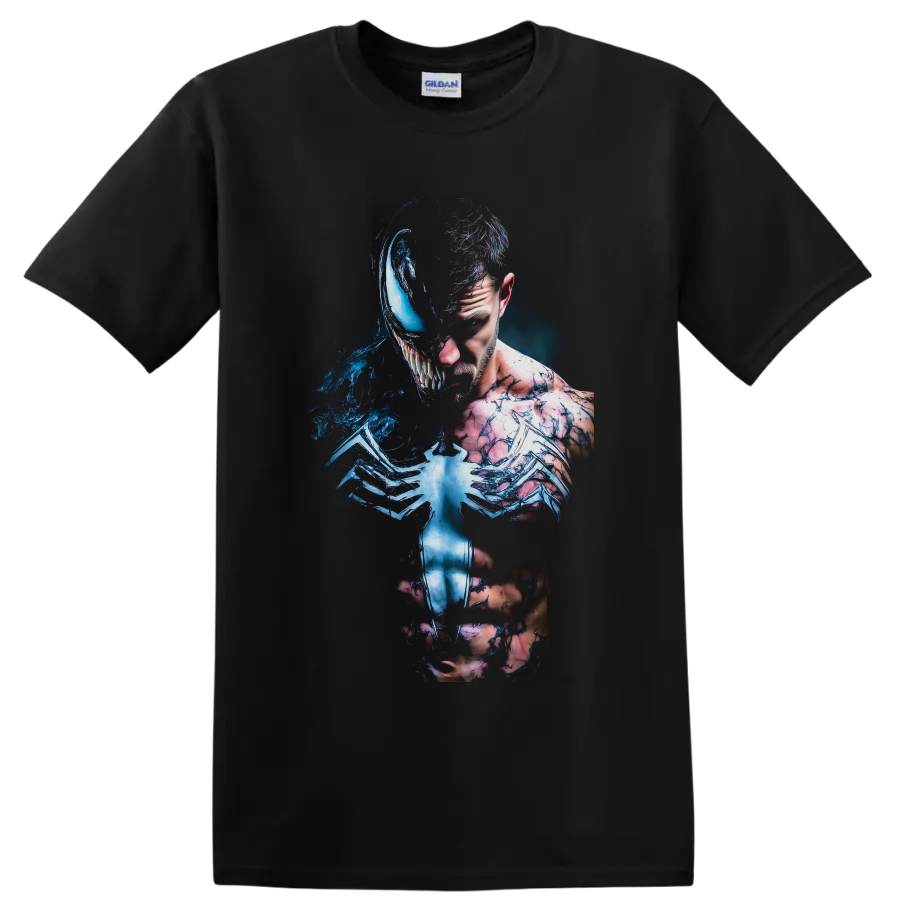 Venom and Eddie Brock split symbiote transformation in dark blue comic art on a Black T Shirt