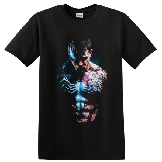 Venom and Eddie Brock split symbiote transformation in dark blue comic art on a Black T Shirt