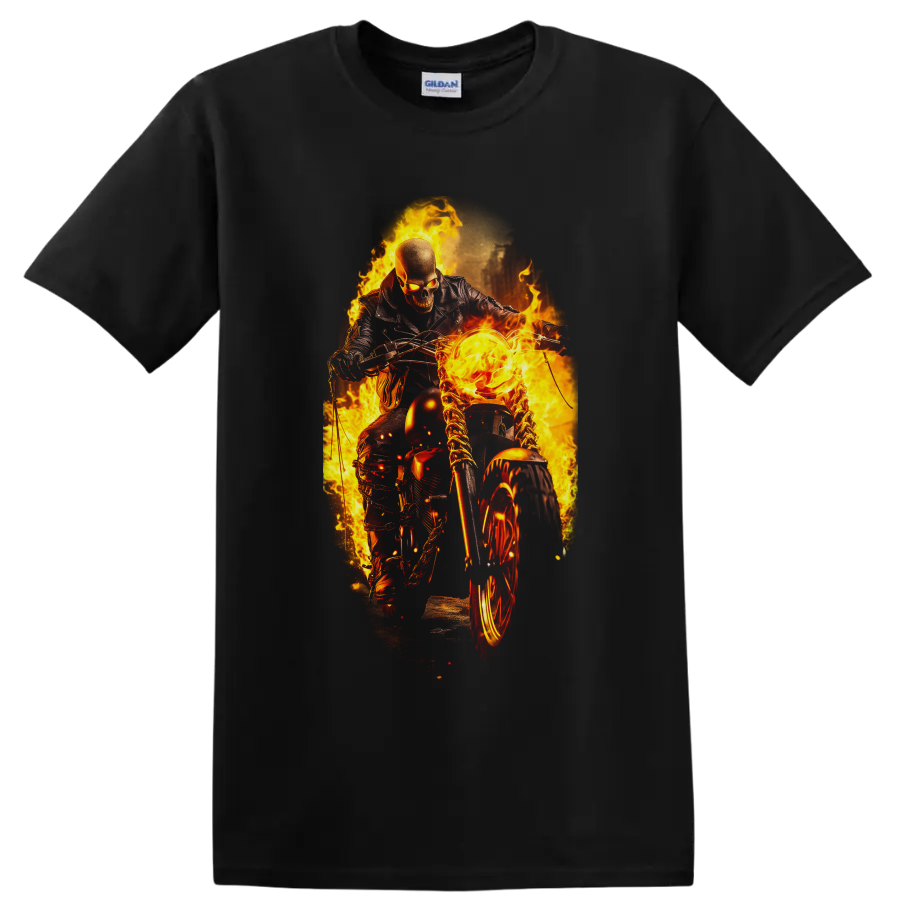 Ghost Rider on a flaming motorcycle in intense fiery comic action artwork on a Black T Shirt