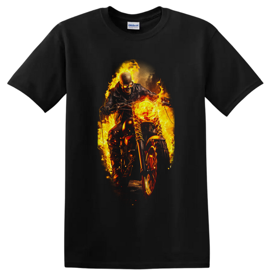 Ghost Rider on a flaming motorcycle in intense fiery comic action artwork on a Black T Shirt