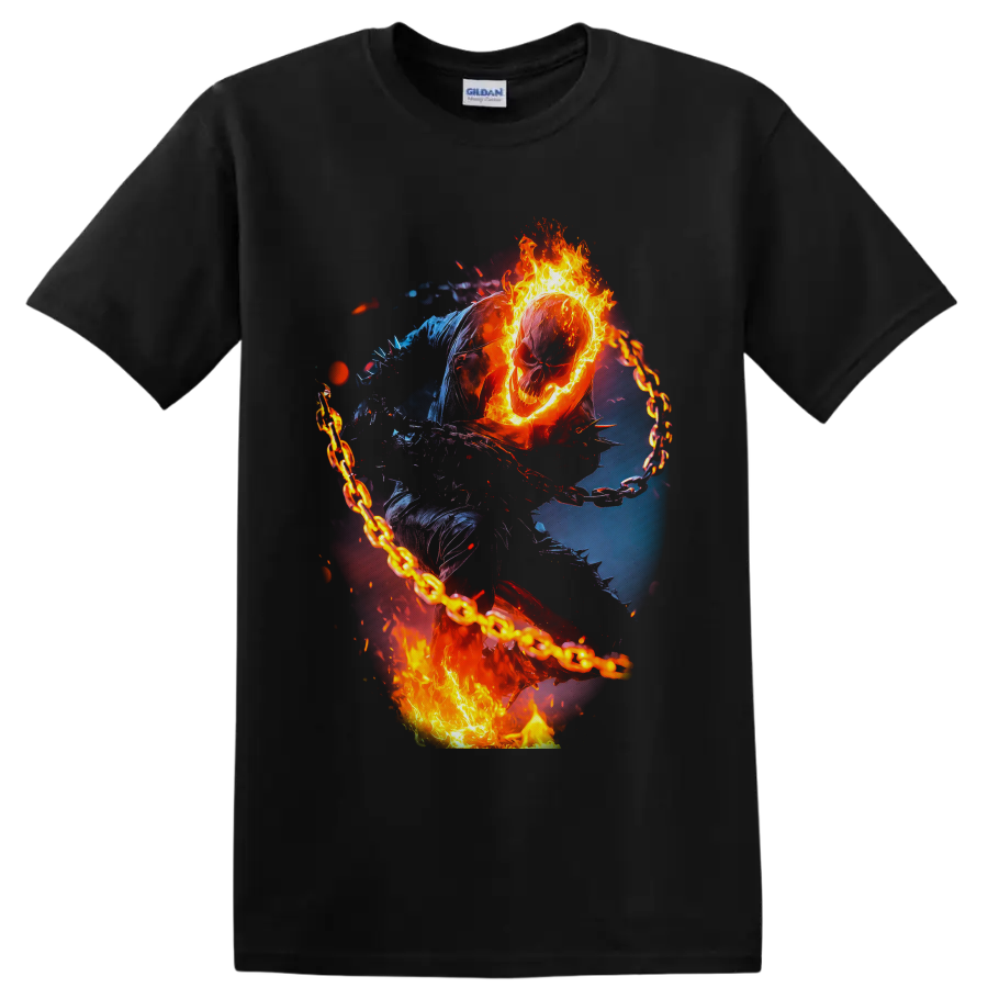 Ghost Rider flaming skull and chain in fiery comic-inspired supernatural action art on a Black T Shirt