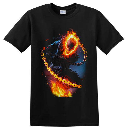 Ghost Rider flaming skull and chain in fiery comic-inspired supernatural action art on a Black T Shirt