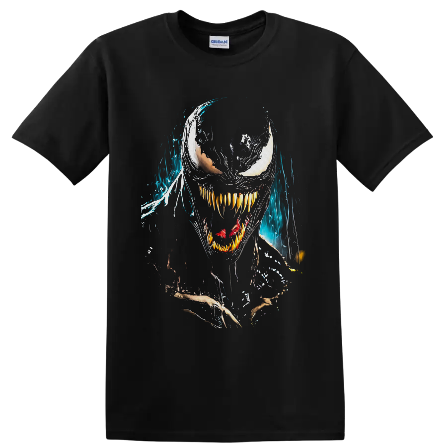 Venom symbiote face with white eyes, sharp teeth, red tongue, and blue splatter art on a Black T Shirt