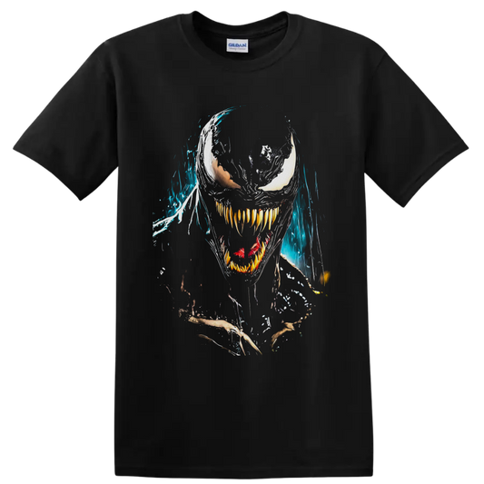 Venom symbiote face with white eyes, sharp teeth, red tongue, and blue splatter art on a Black T Shirt