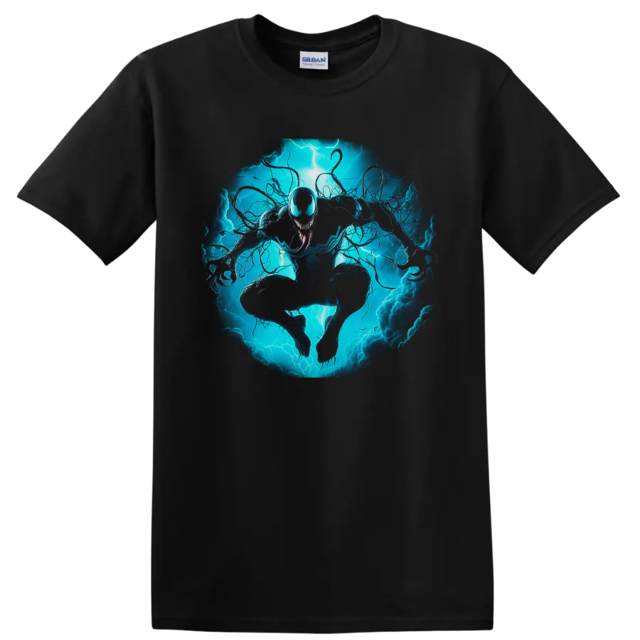 Anti-Venom symbiote lunging through electric blue lightning and swirling tendrils on a Black T Shirt