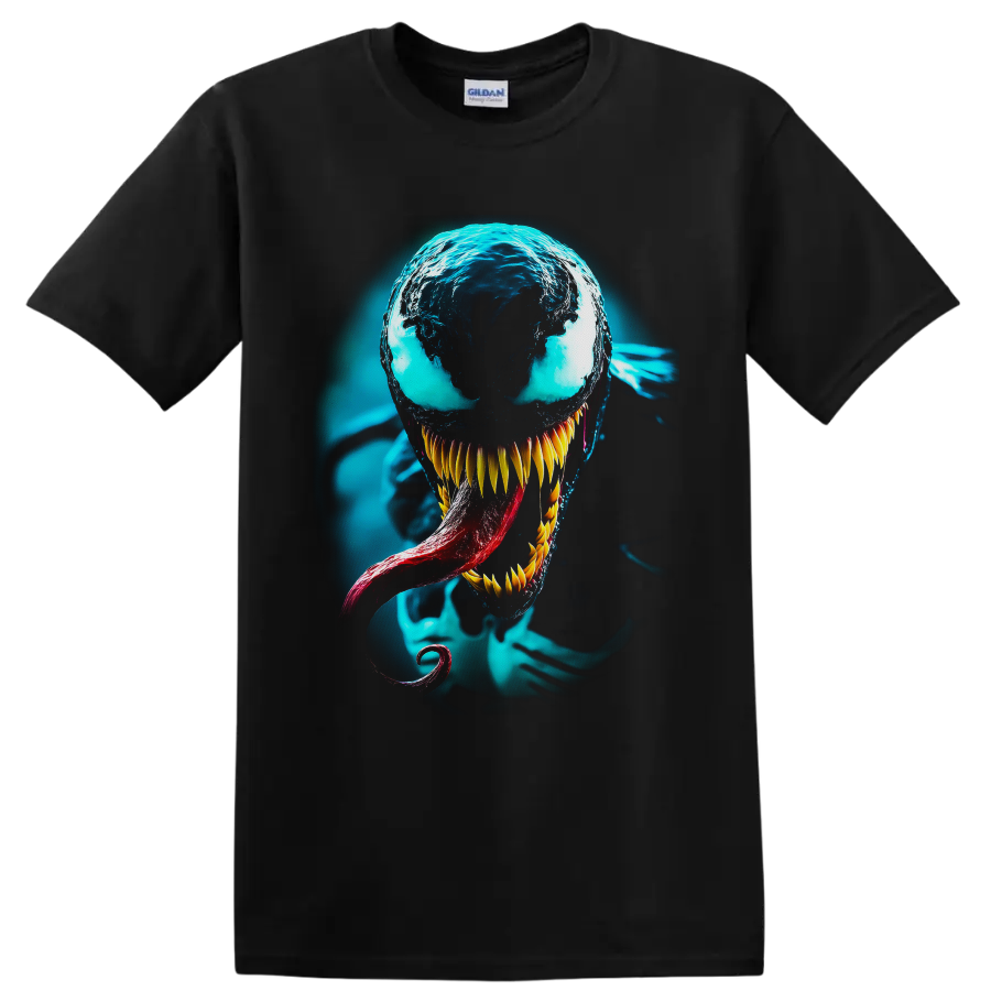 Venom symbiote portrait with cyan glow, sharp golden teeth, and red tongue on a Black T Shirt